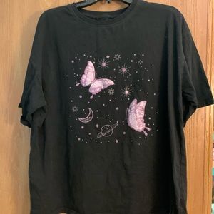 black graphic tee with purple flower design